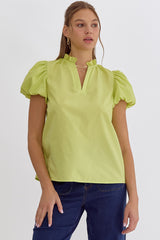 Solid V-Neck Short Puff Sleeve Top
