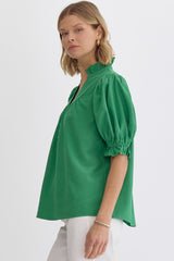 V-Neck Puff Sleeve Button Detail Top