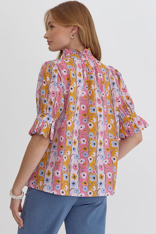 Printed Ruffle Neck and Cuff Short Sleeve Top