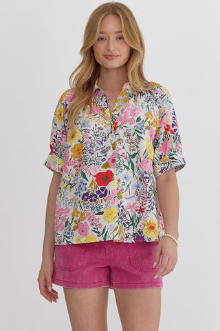 Floral Print Collared Top Featuring Button Closure