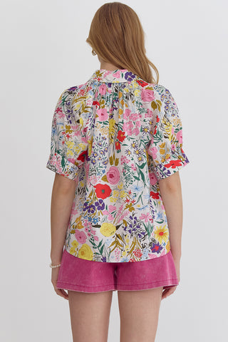 Floral Print Collared Top Featuring Button Closure