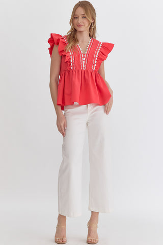 Solid Ruffled Sleeve V-Neck Top