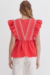 Solid Ruffled Sleeve V-Neck Top