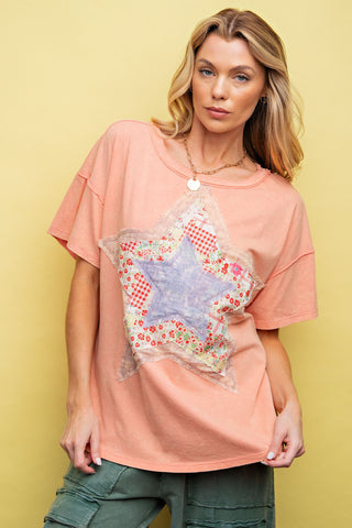 Star Patch Front Washed Cotton Jersey Top