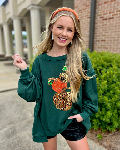Hunter Green Sequin Pumpkin French Terry Loose Fit Top