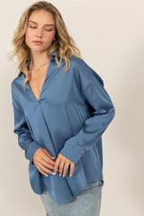 Collared V-Neck Satin Blouse