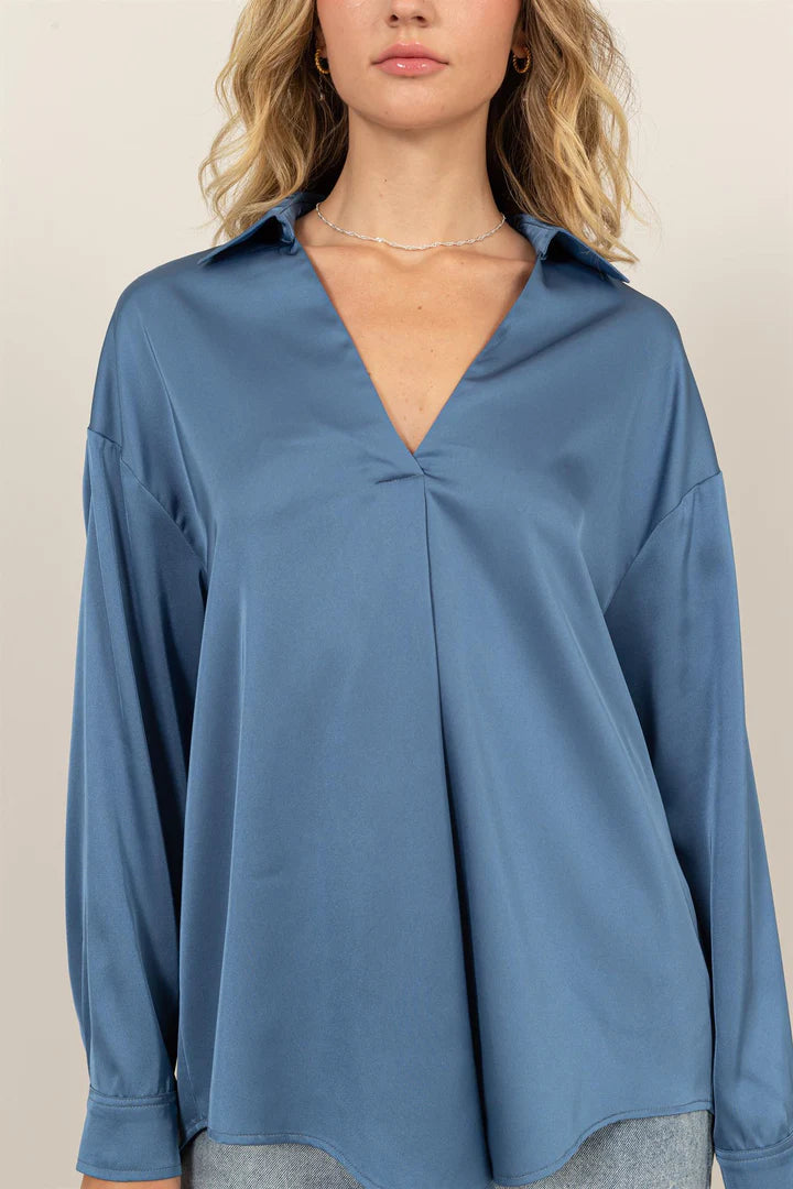 Collared V-Neck Satin Blouse