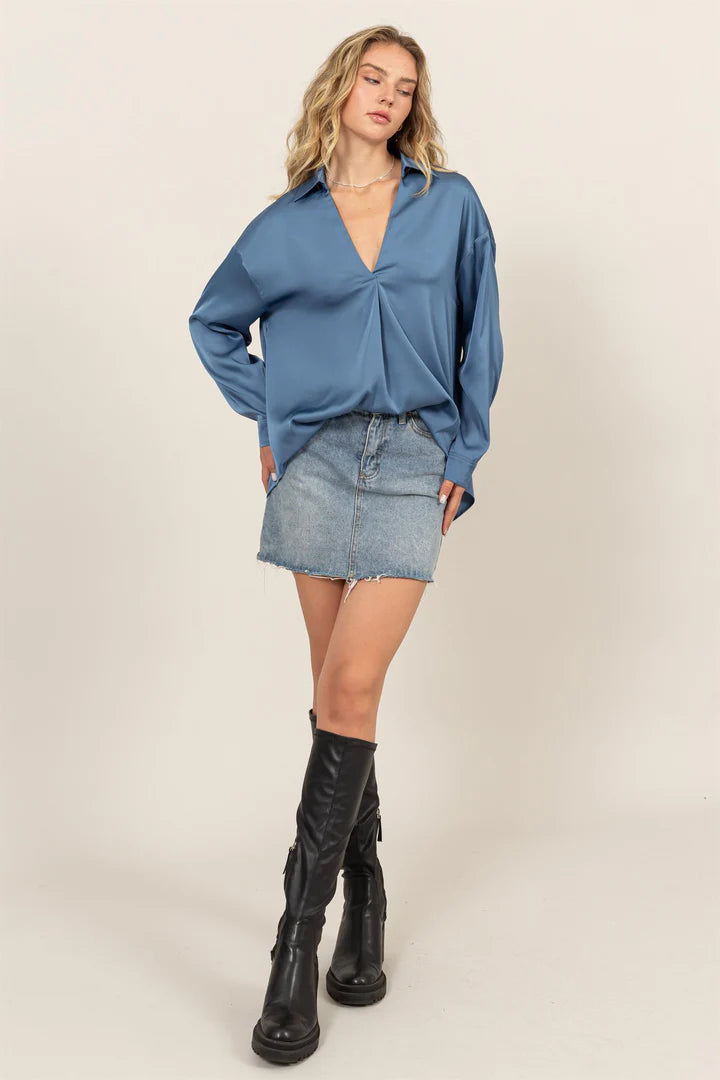 Collared V-Neck Satin Blouse