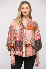 Patchwork Print Bubble Sleeve Top