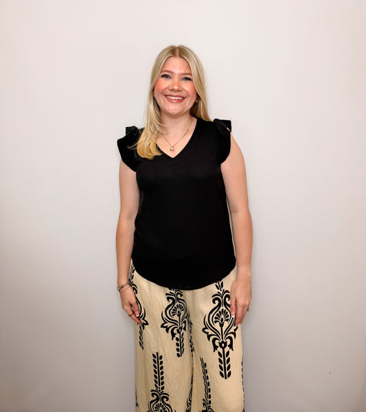Solid Top With V Neck Detail And Ruffled Sleeves