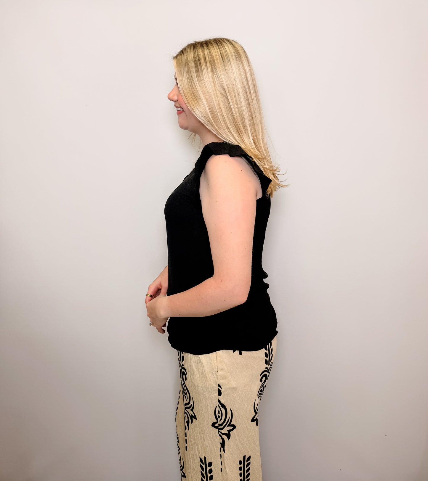 Solid Top With V Neck Detail And Ruffled Sleeves