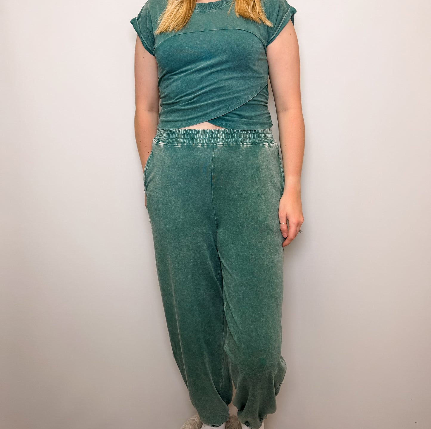 Rolled Sleeve Wrap-Front Crop Top and Jogger Set