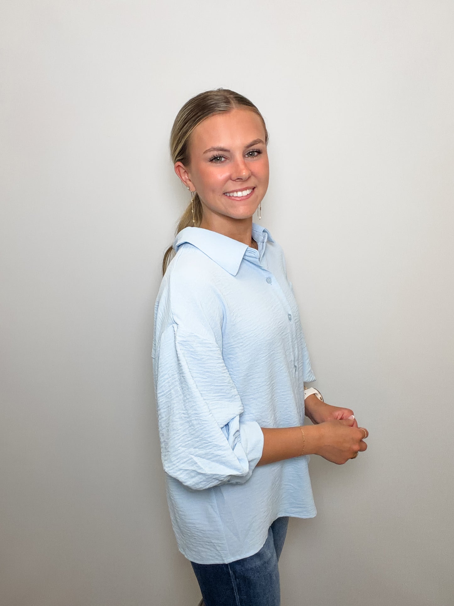 Button Down Shirt Top with Cuffed Bubble Sleeves