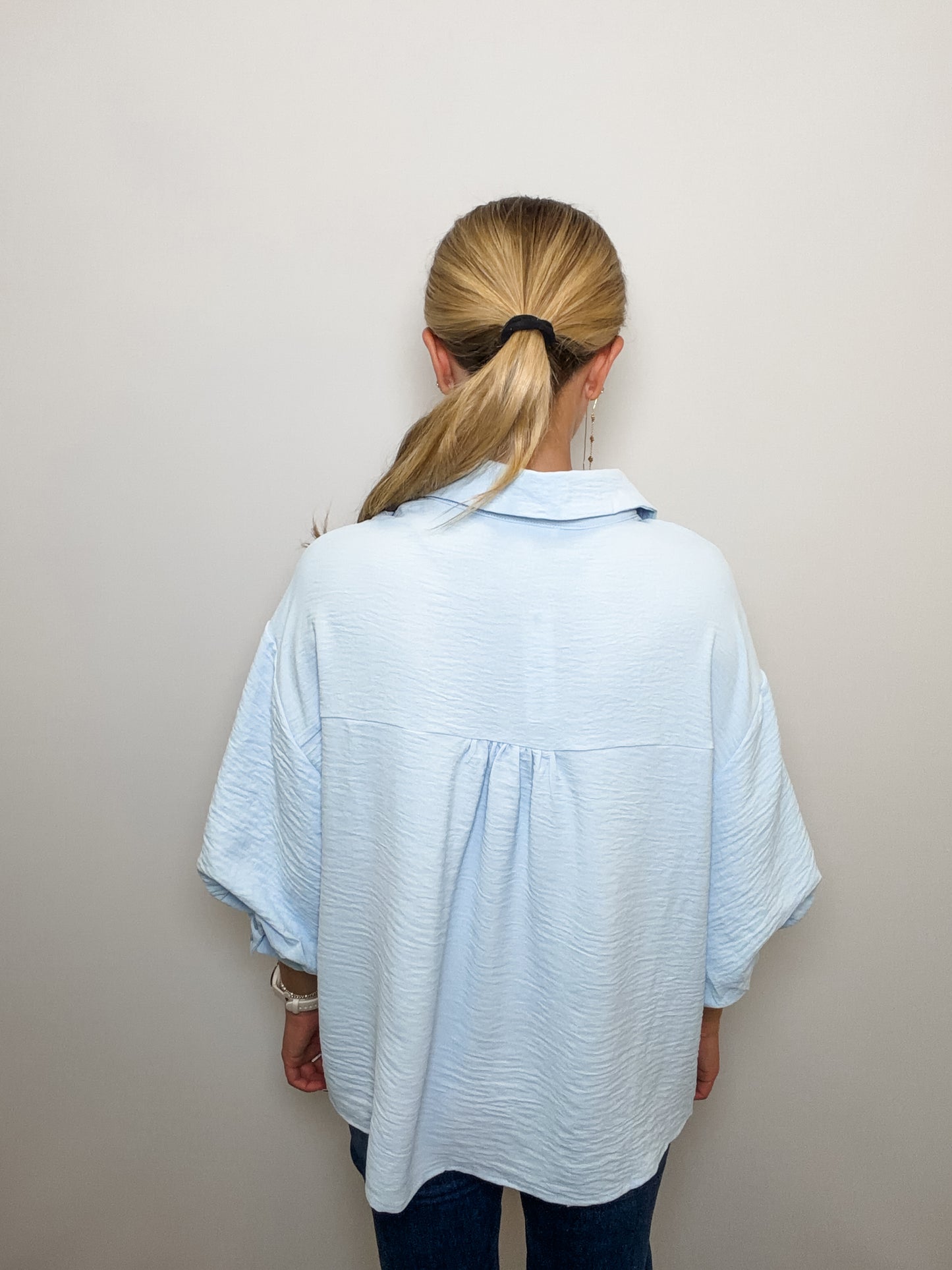 Button Down Shirt Top with Cuffed Bubble Sleeves