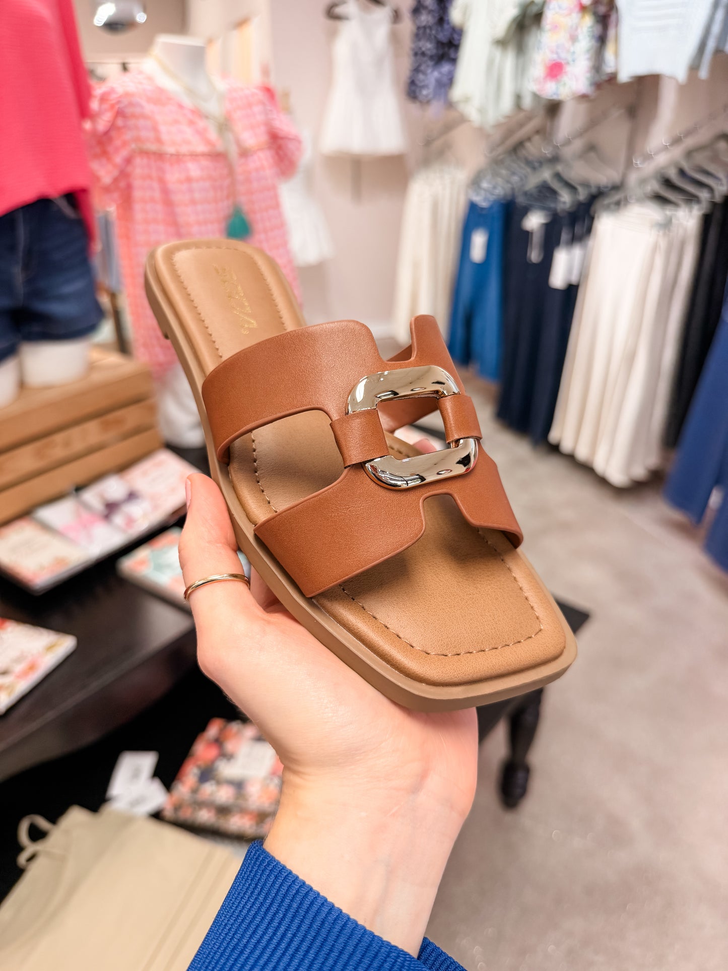 Feng Faux Leather Buckle Slide Sandals