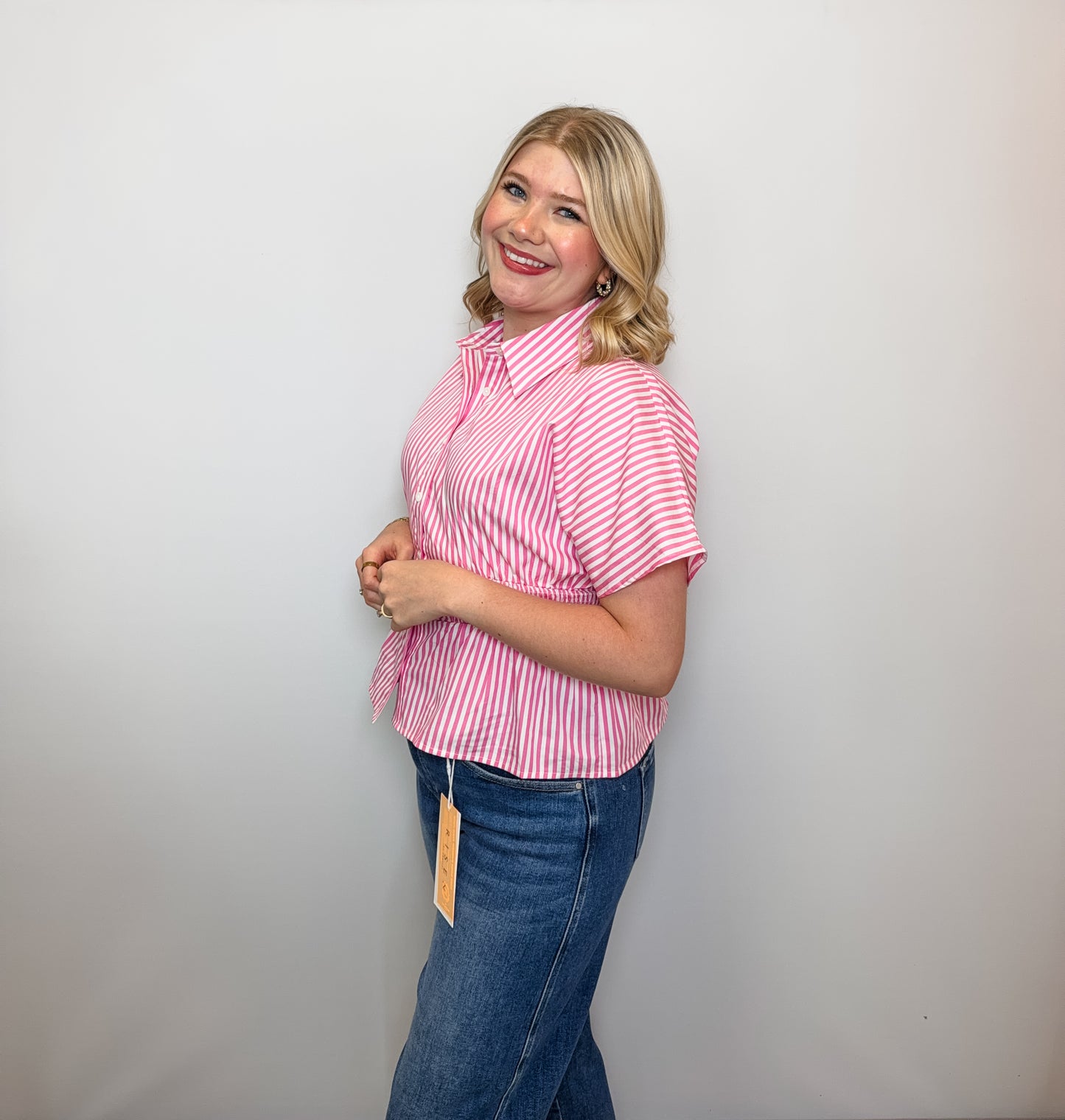 Stripe Smocking Detailed Waist Dolman Sleeve Shirt