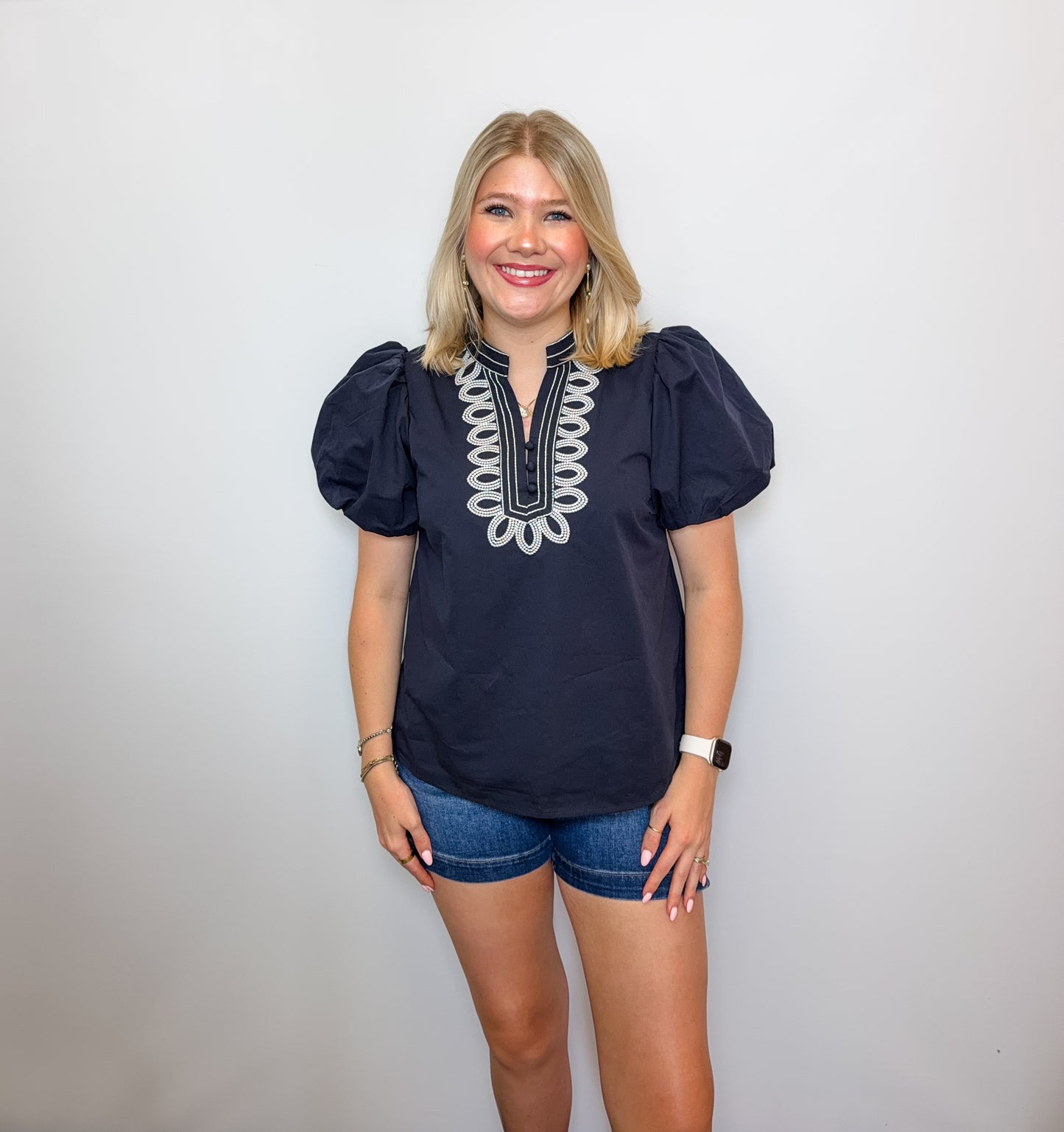 Embroidery Detail V-Neck Solid Top