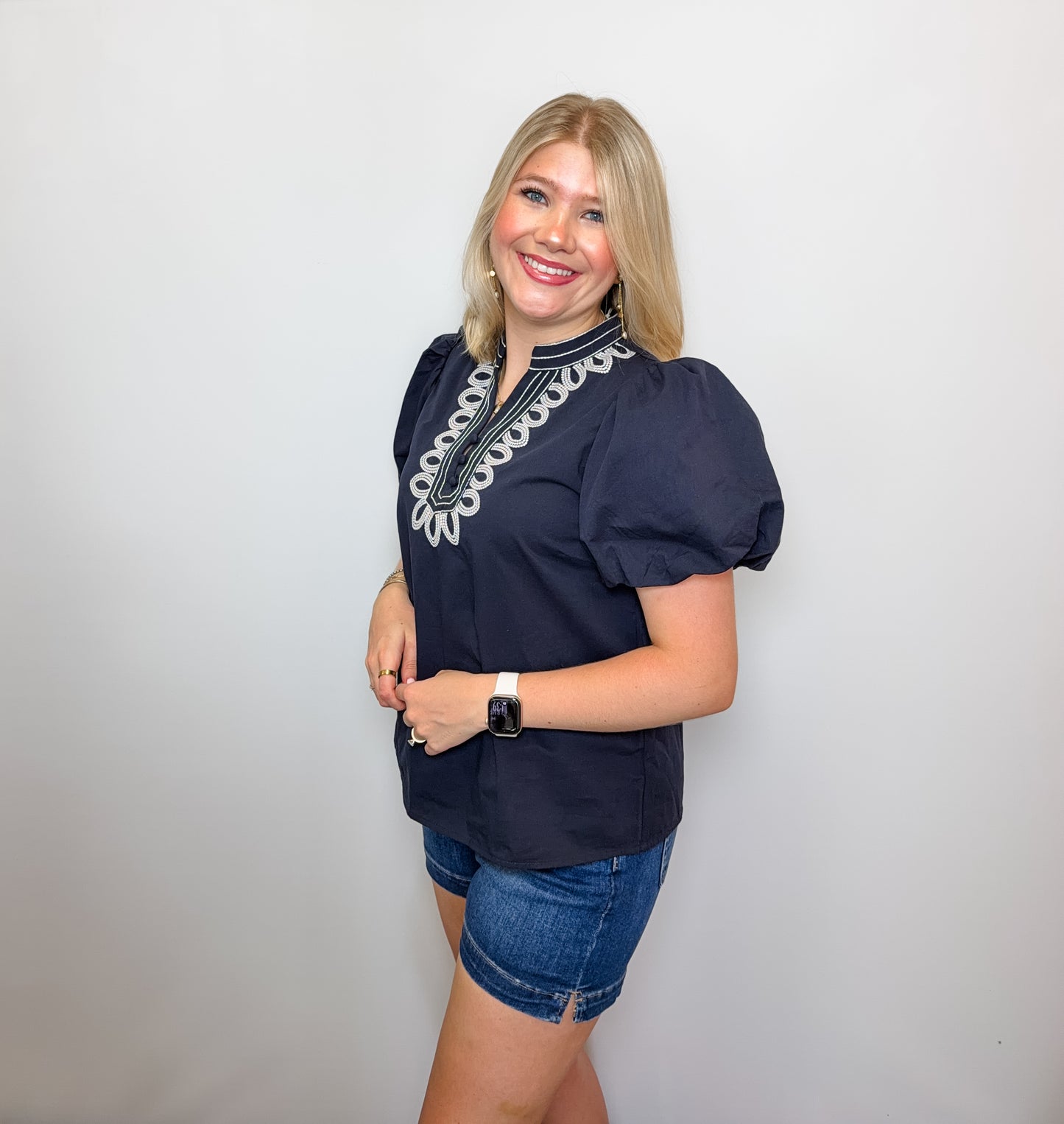 Embroidery Detail V-Neck Solid Top