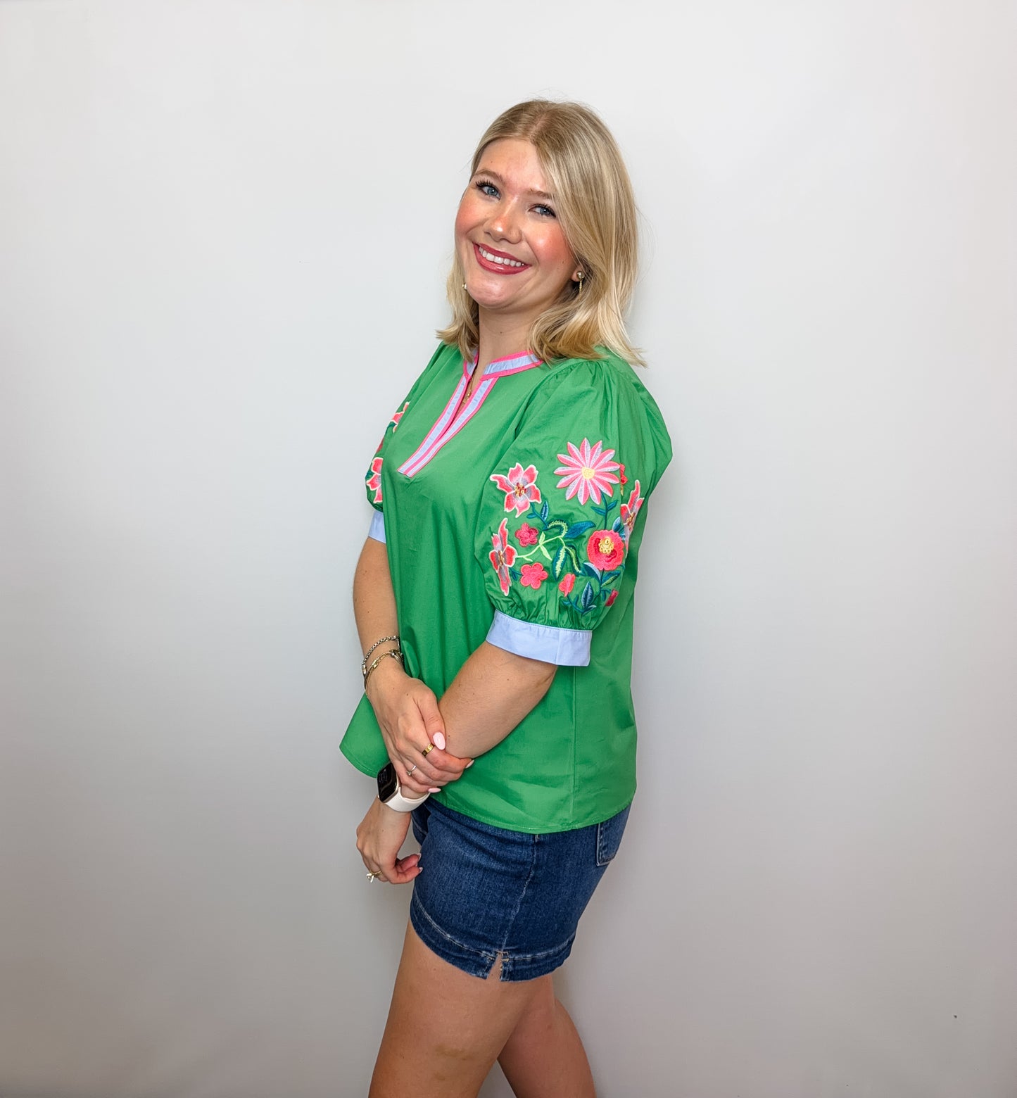 Embroidered Puff Sleeves Solid Woven Top