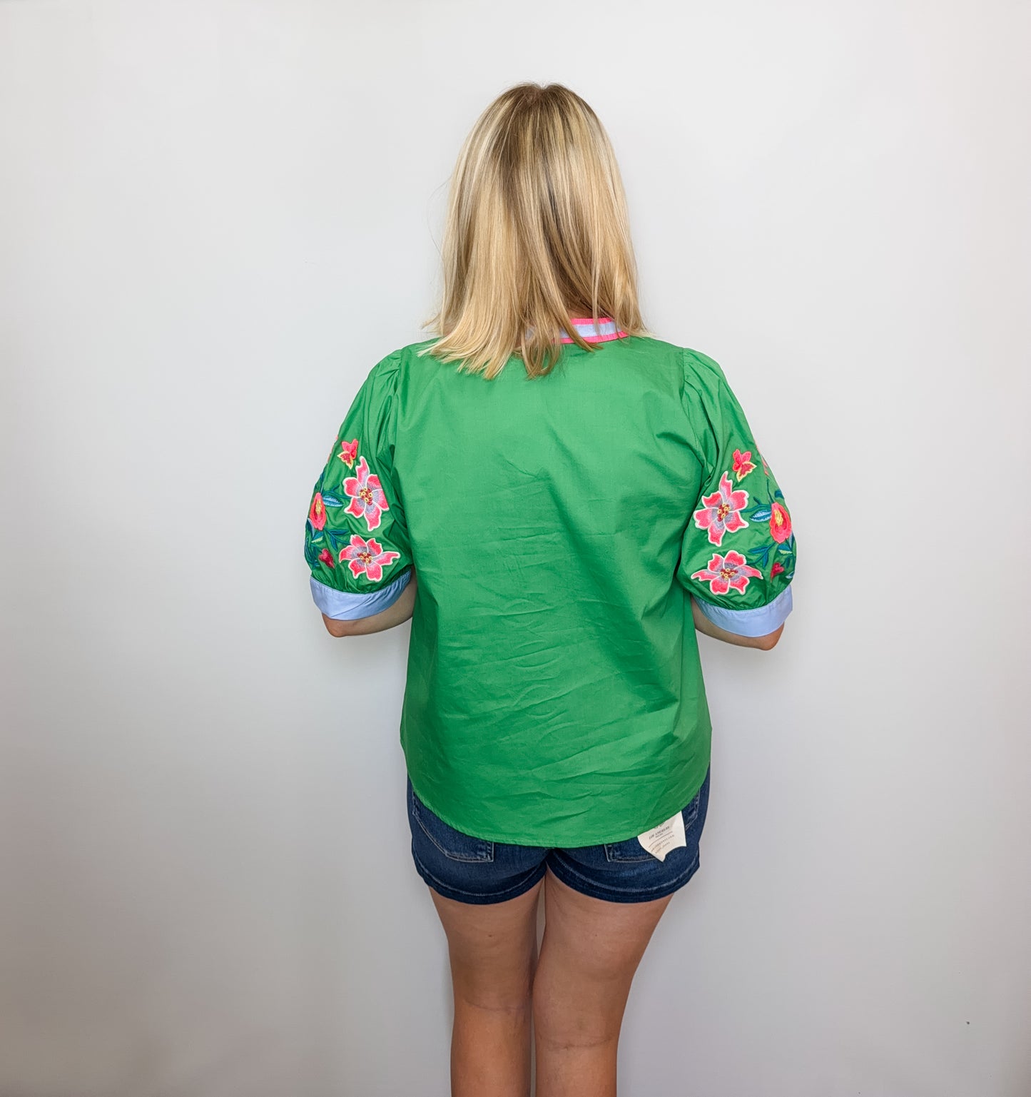Embroidered Puff Sleeves Solid Woven Top