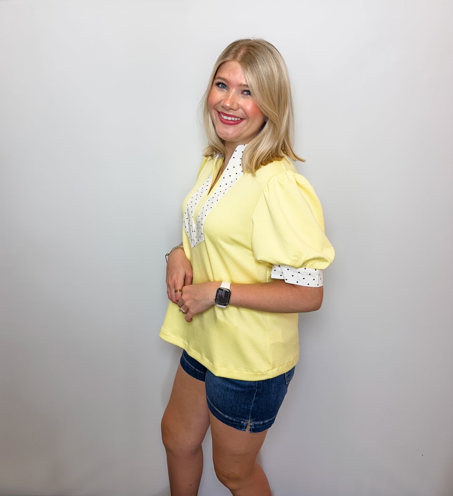 Tiny Polka Dot Contrast Accent Lovely Solid Top