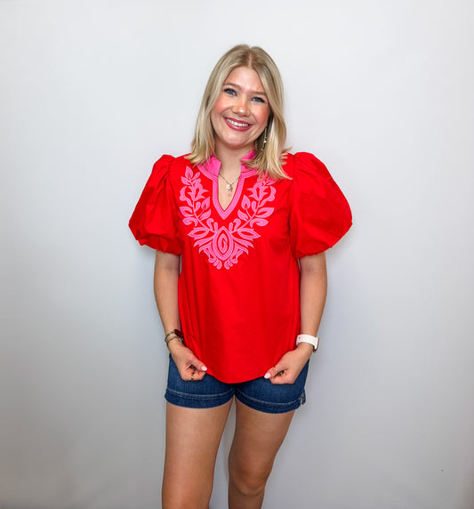Baroque Applique Accent Solid Woven Top