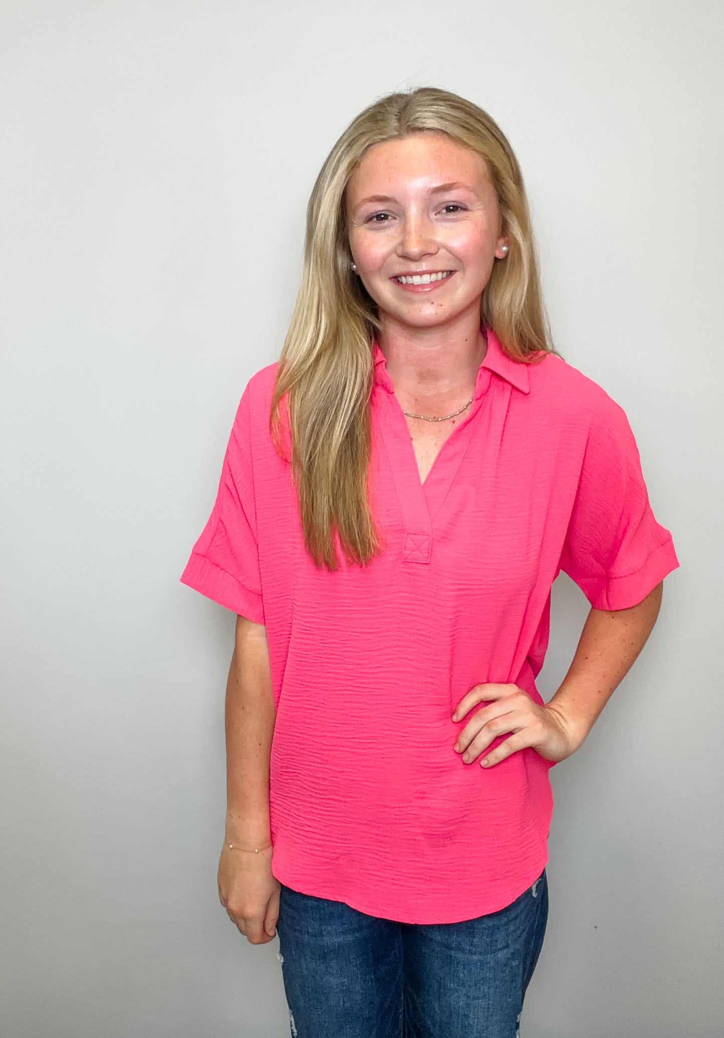 Woven Airflow Collared V-Neck Top