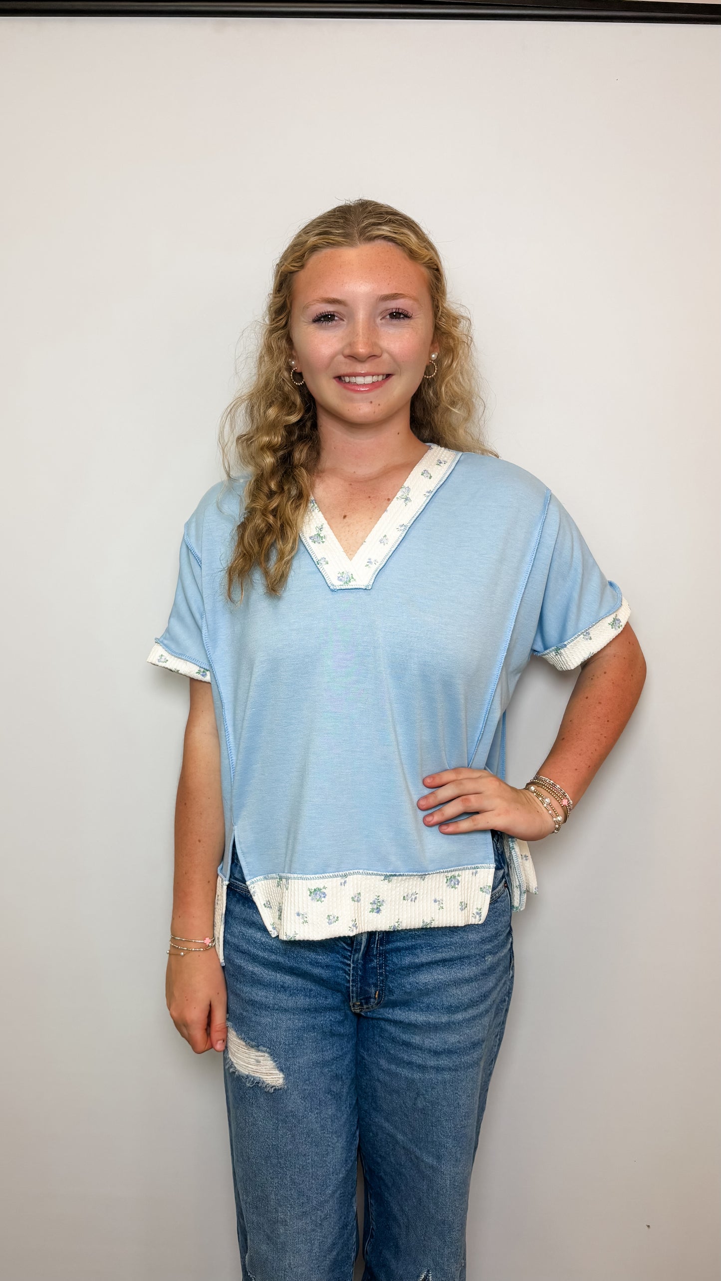Florals and Solid Short Sleeves Top