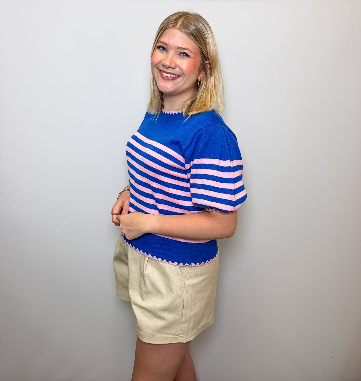 Embroidered Stitch Stripe Puff Sleeve Sweater