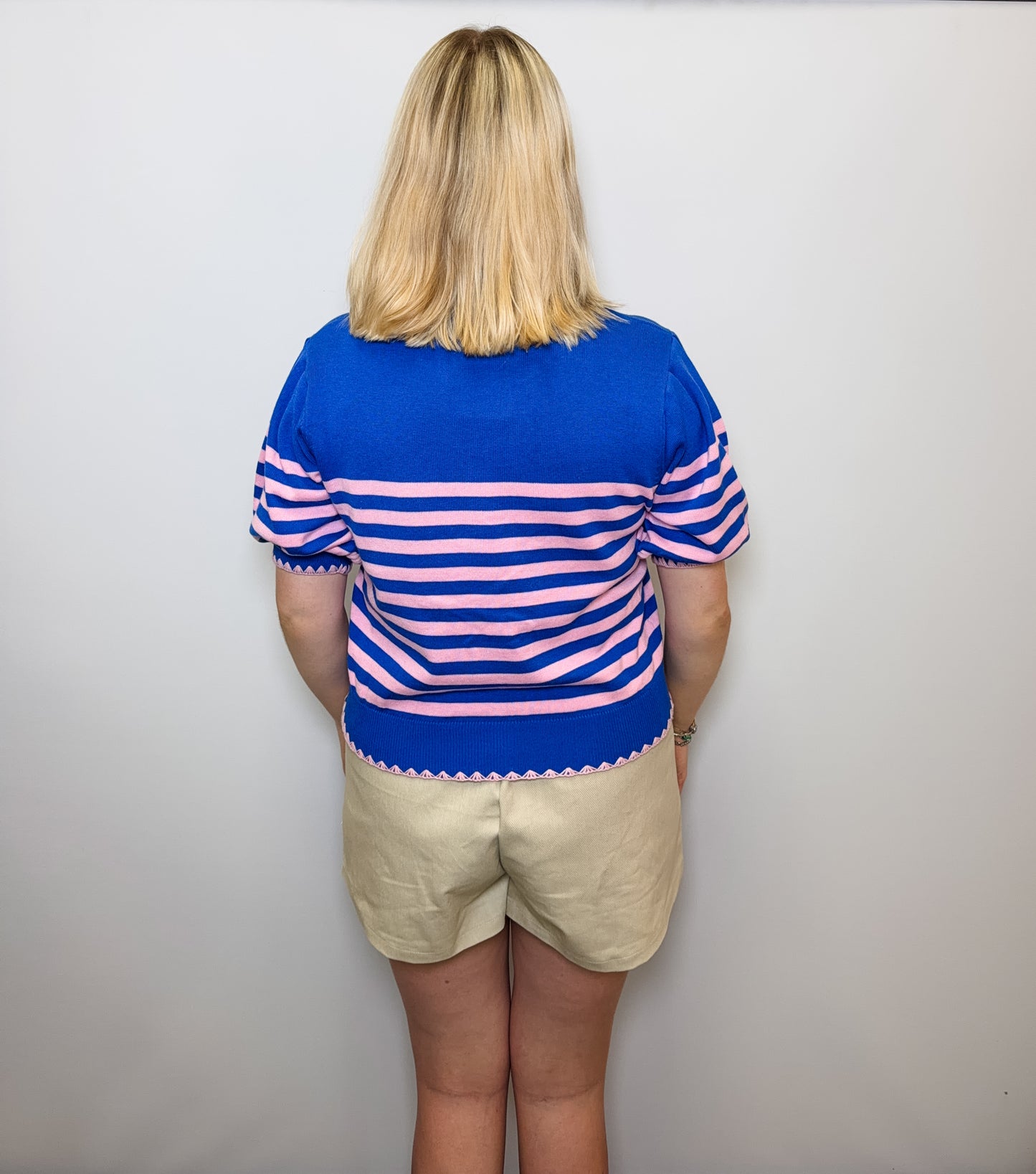 Embroidered Stitch Stripe Puff Sleeve Sweater
