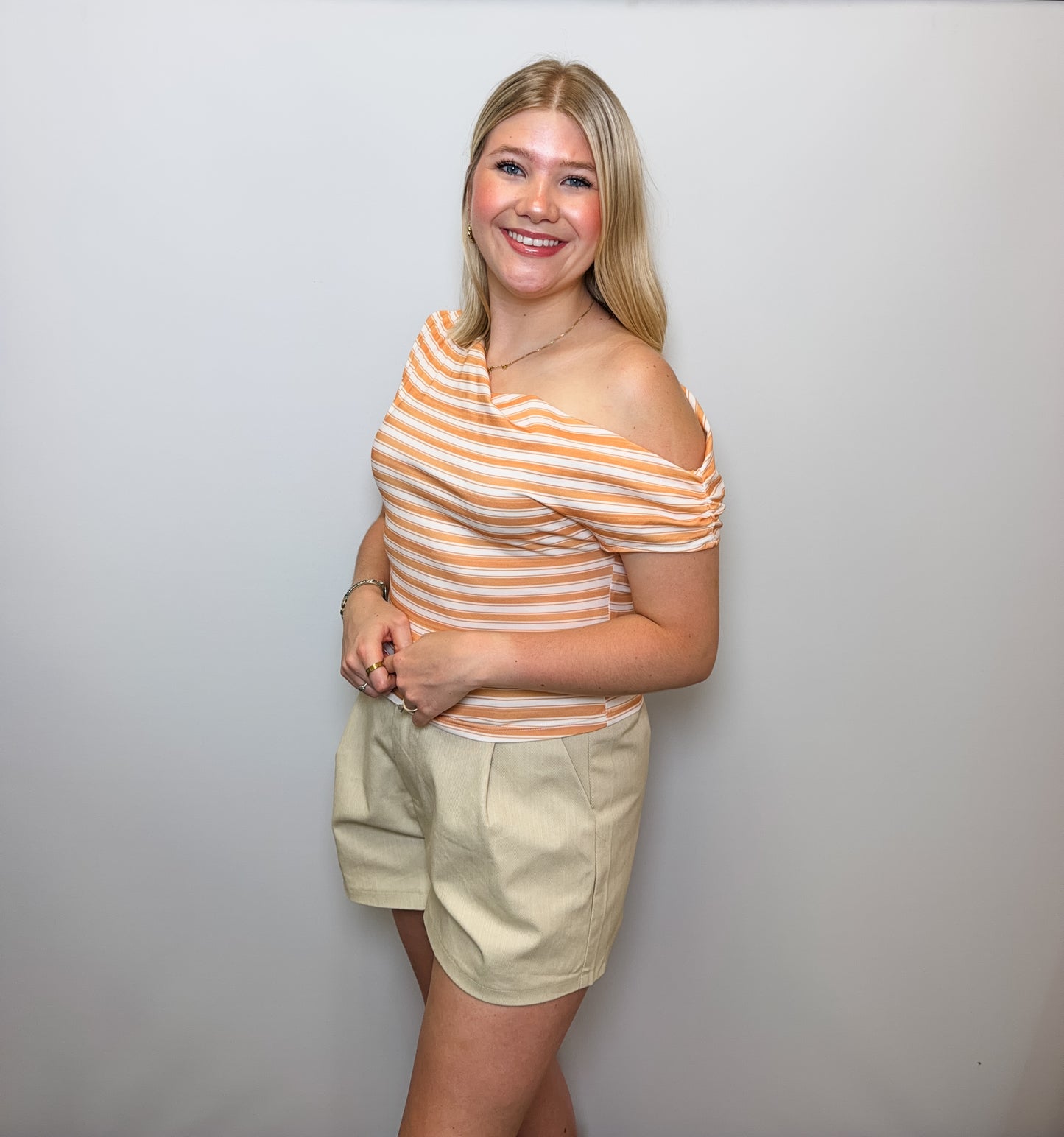 One Side Off Shoulder Stripe Printed Knit Top