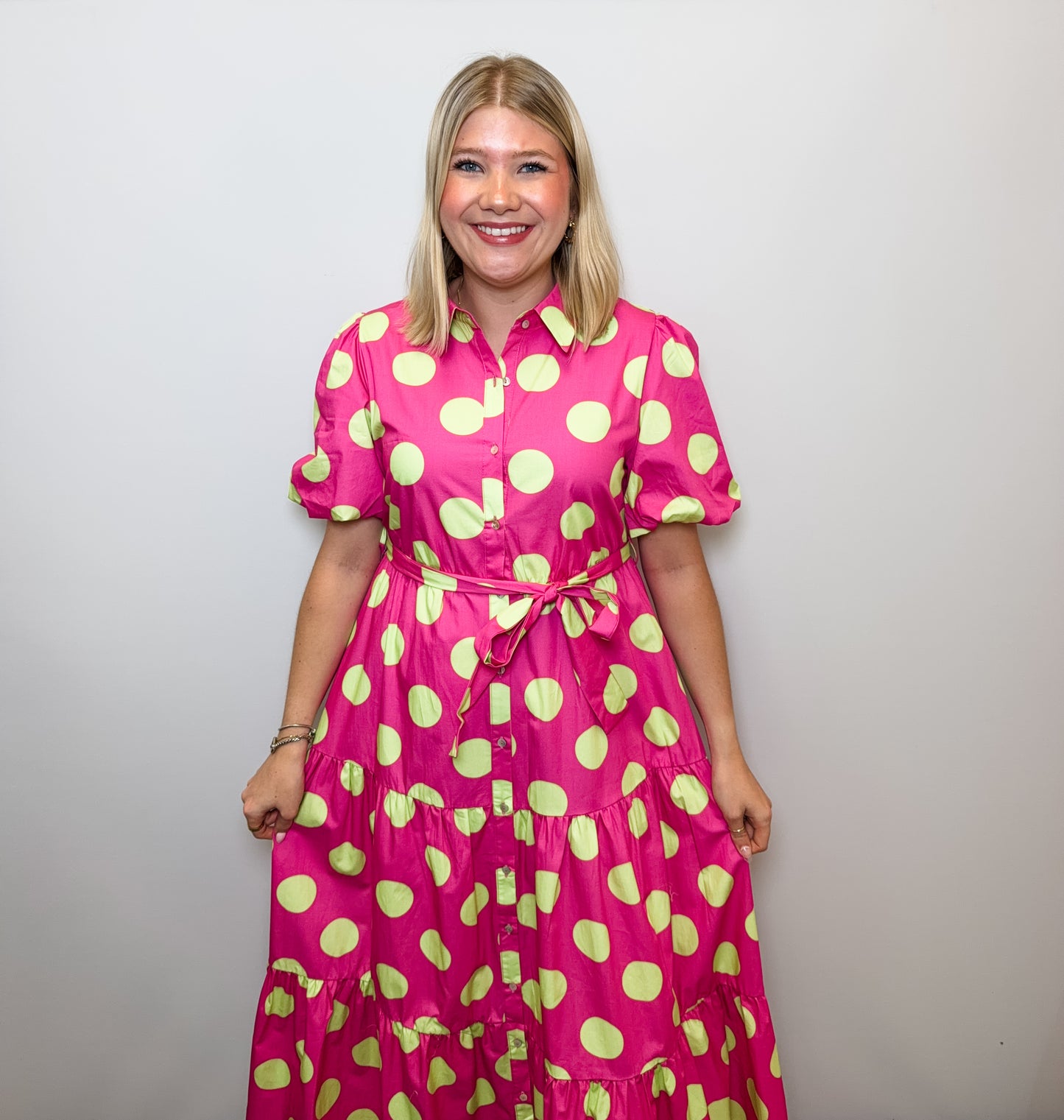 Polka Dot Printed Cotton Poplin Puff Sleeve Maxi Dress