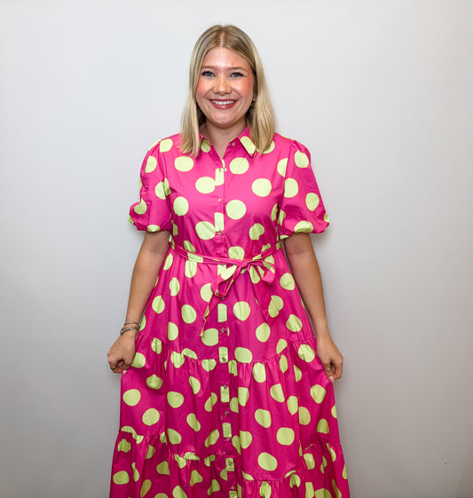Polka Dot Printed Cotton Poplin Puff Sleeve Maxi Dress