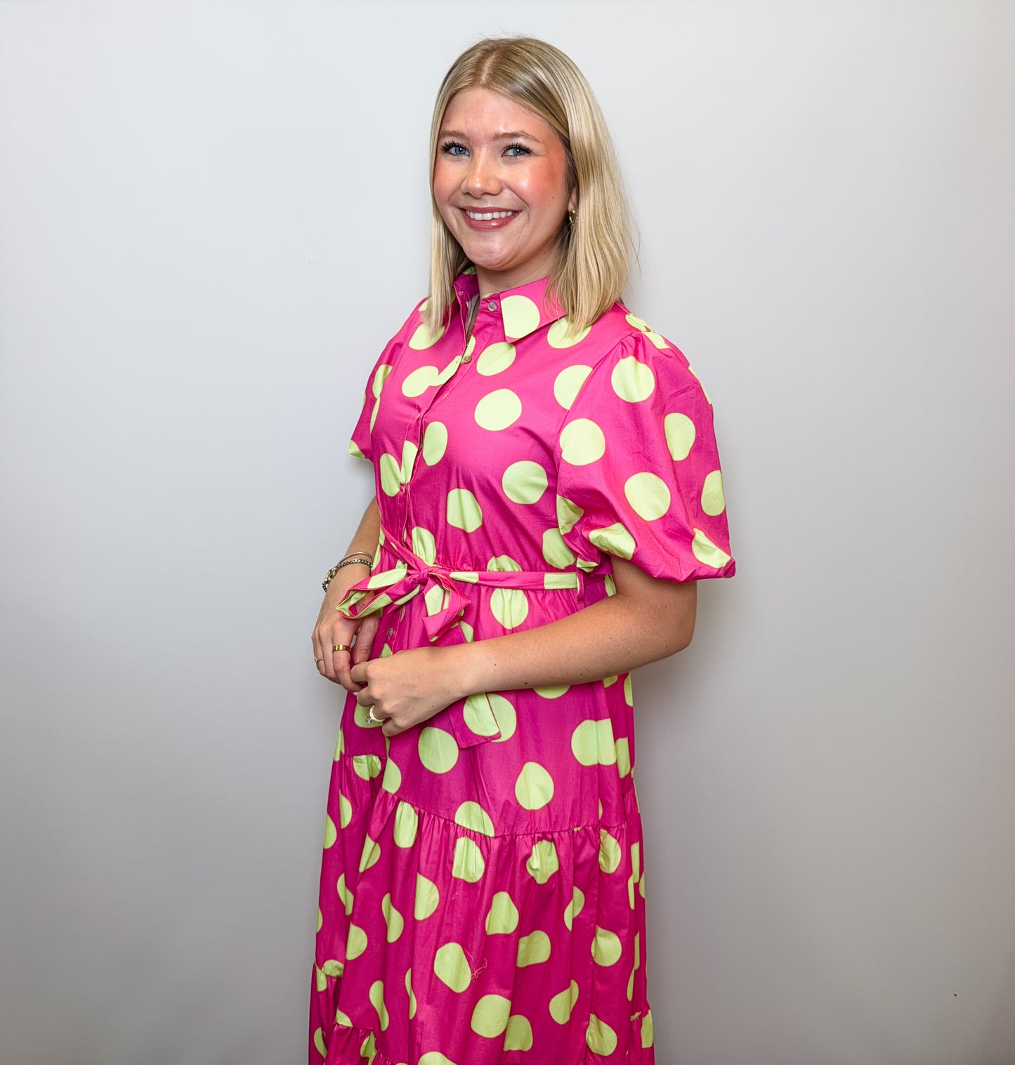 Polka Dot Printed Cotton Poplin Puff Sleeve Maxi Dress