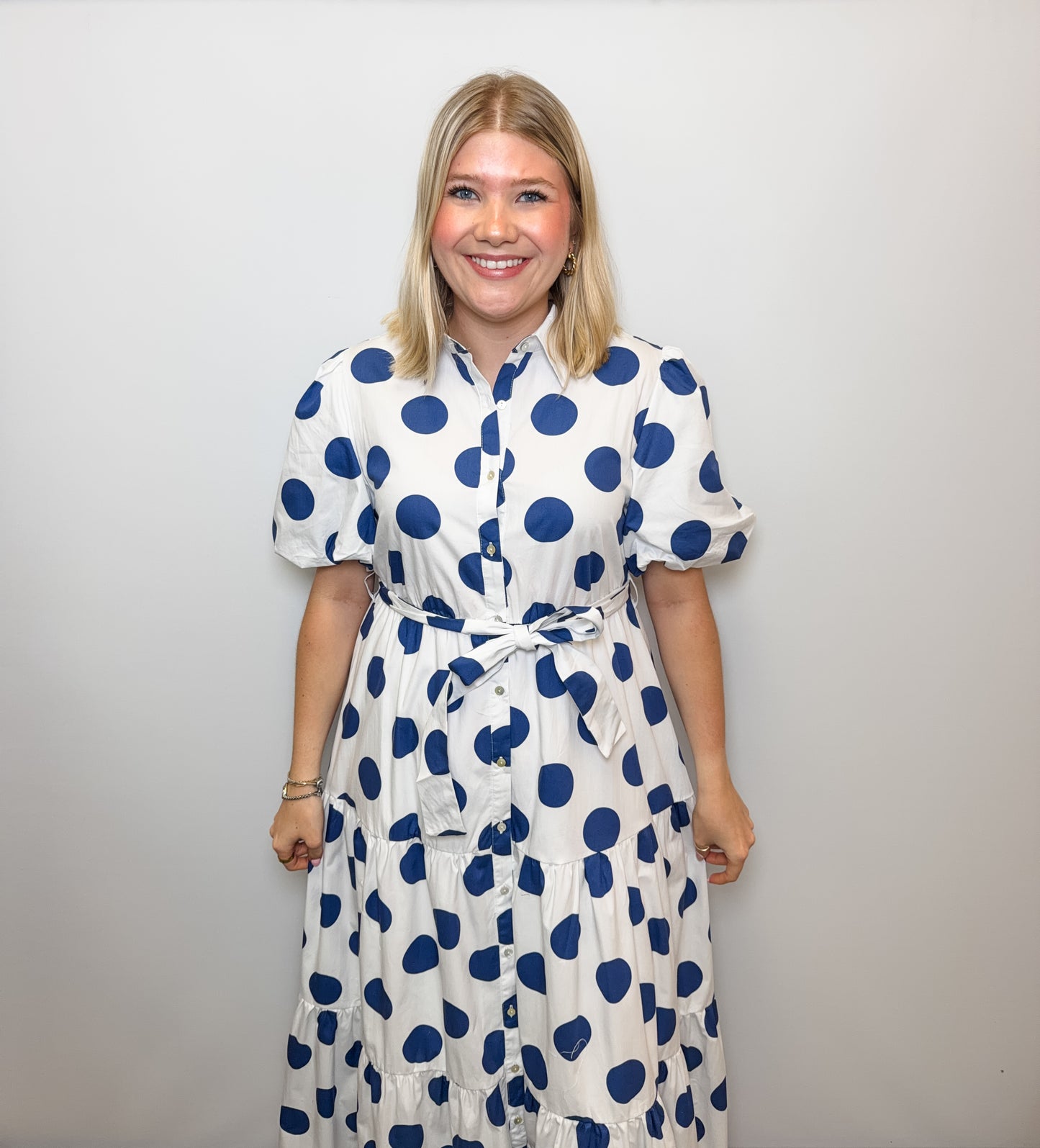 Polka Dot Printed Cotton Poplin Puff Sleeve Maxi Dress