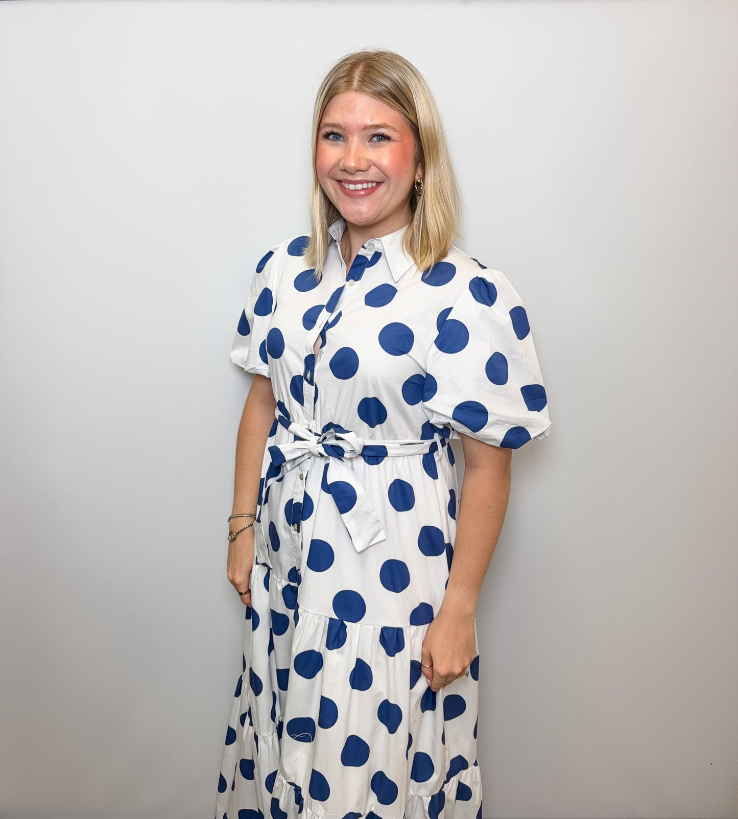 Polka Dot Printed Cotton Poplin Puff Sleeve Maxi Dress