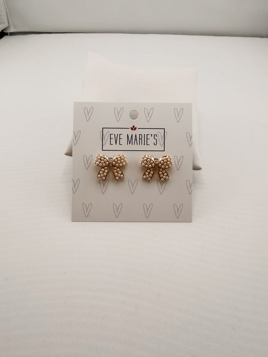 Mini Pearl Bow Ribbon Gold Earrings