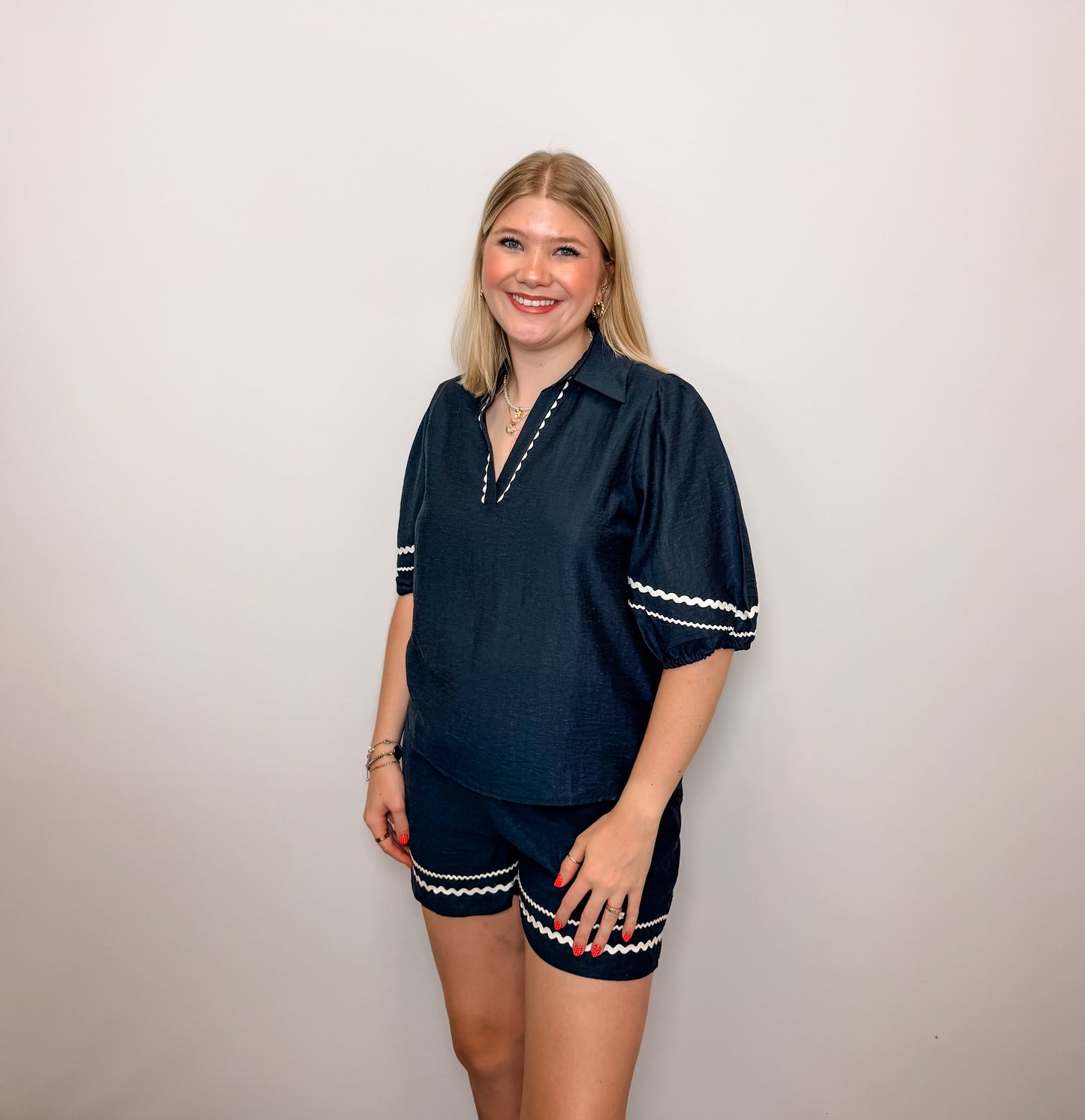 Contrast Trim Puff Sleeve Linen Blouse