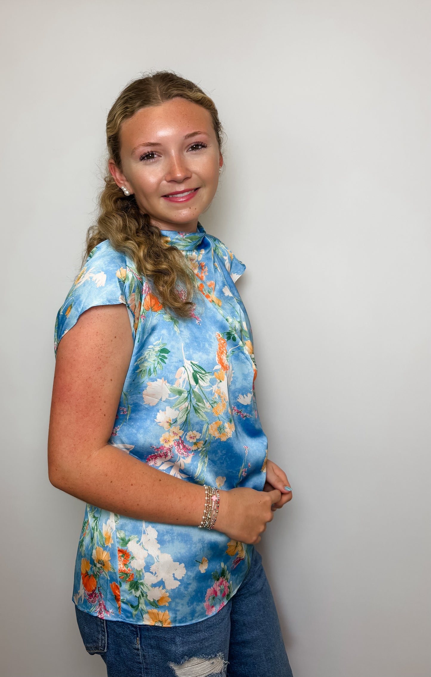 Floral Print Satin High Neckline with Tie Back Blouse