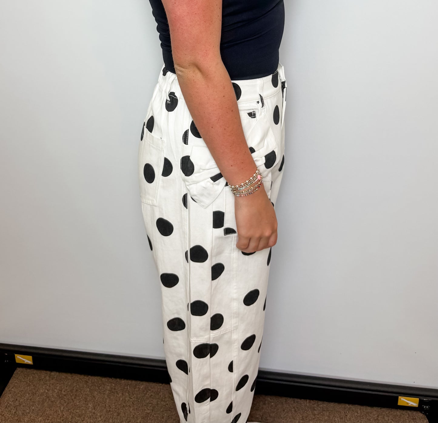 Polka Dot Printed Barrel Denim Pants
