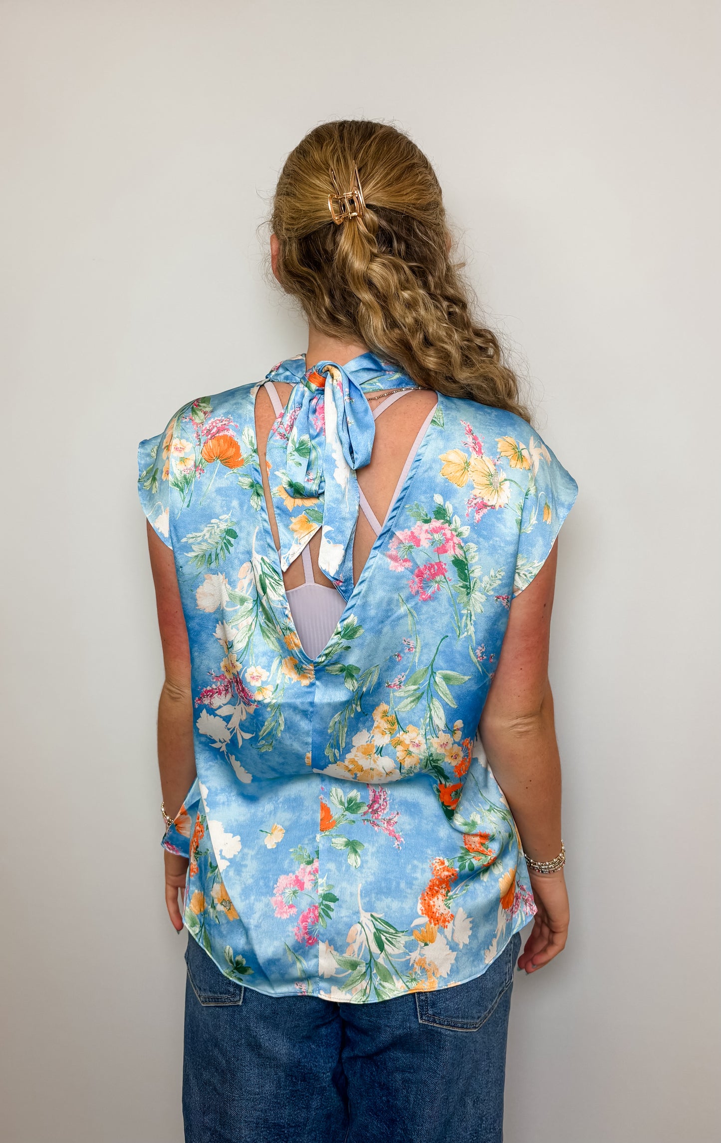 Floral Print Satin High Neckline with Tie Back Blouse