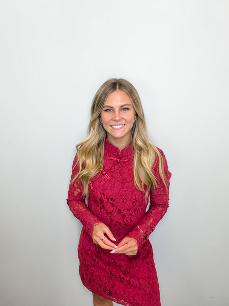 Floral Lace Frog Closure Detail Mini Dress