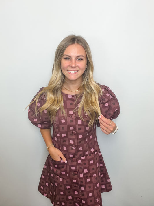 Geometric Print Puff Sleeve Mini Dress
