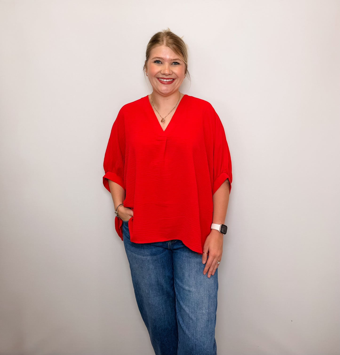 Woven Airflow V-Neck Puff Half Sleeve Top