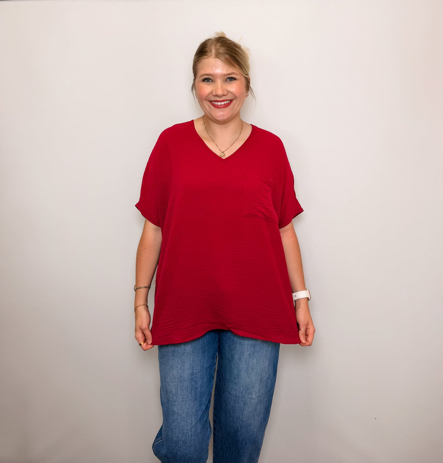Woven Airflow V-Neck Dolman Short Sleeve Top
