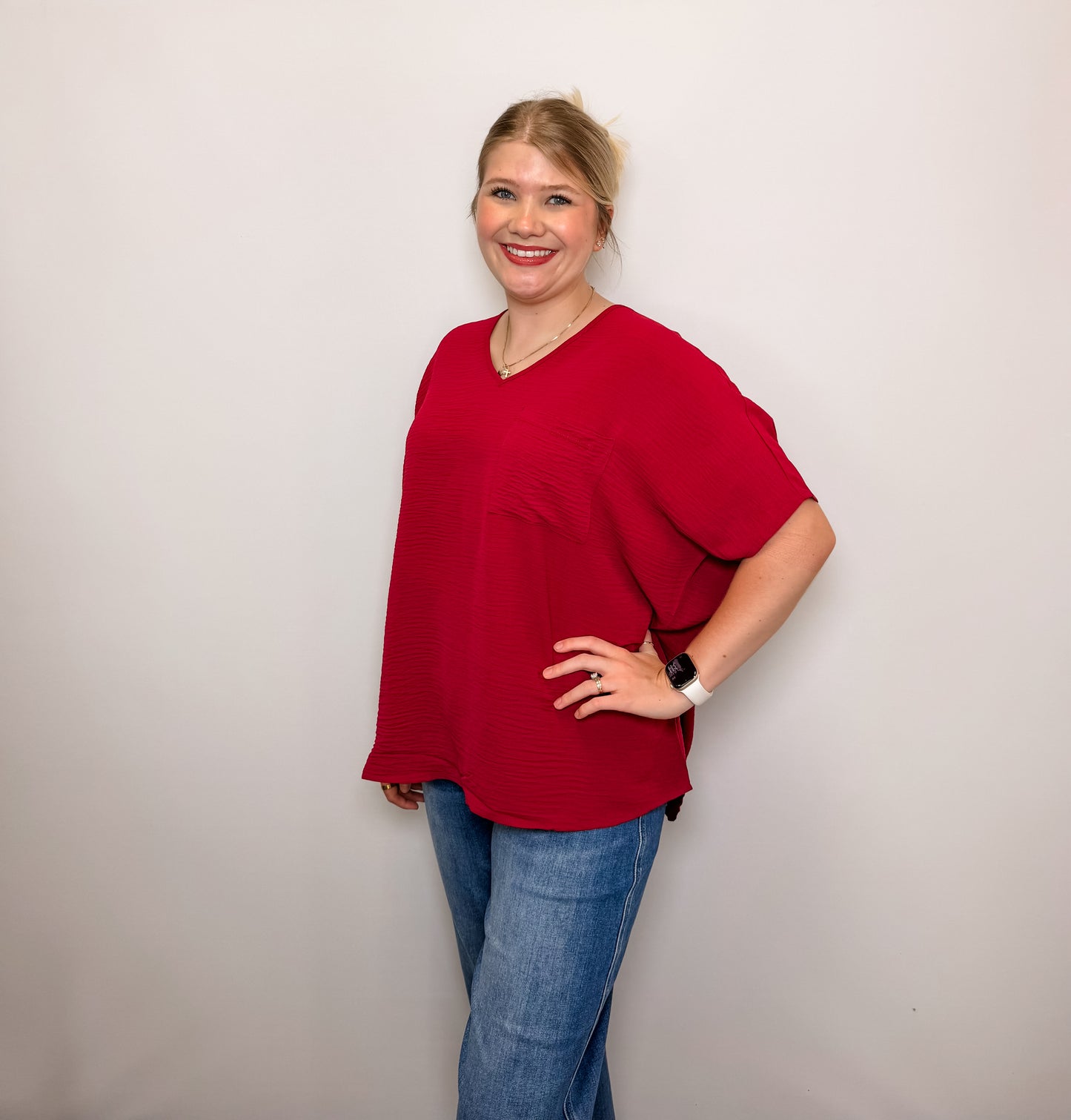 Woven Airflow V-Neck Dolman Short Sleeve Top