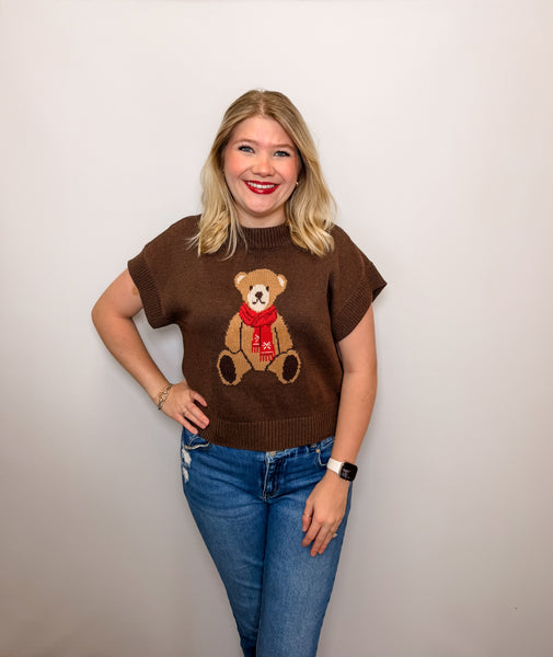 Teddy Bear Jacquard Short Sleeve Knit Sweater