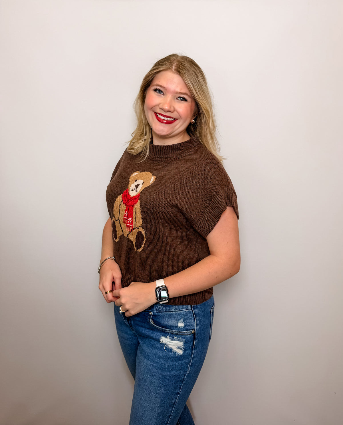 Teddy Bear Jacquard Short Sleeve Knit Sweater
