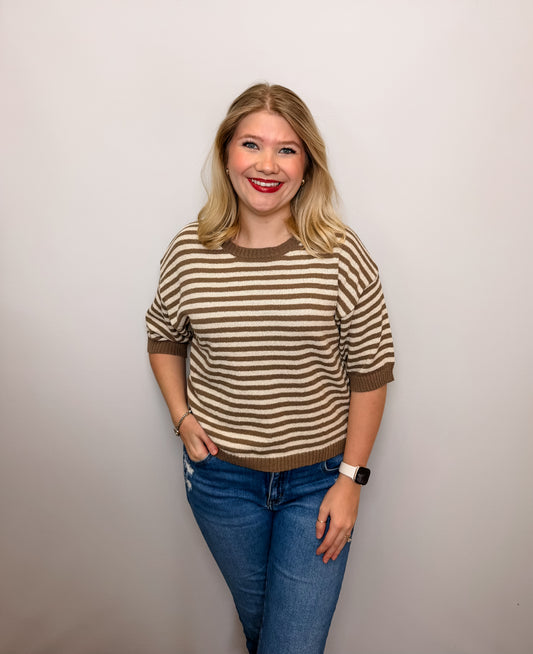 Stripe Contrast Trim Short Sleeve Knit Sweater
