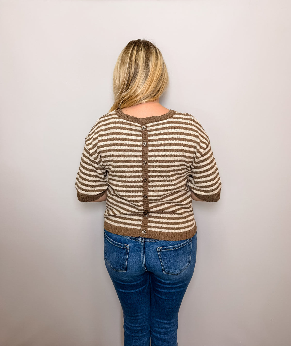Stripe Contrast Trim Short Sleeve Knit Sweater